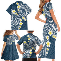 Plumeria With Blue Polynesian Tattoo Pattern Family Matching Short Sleeve Bodycon Dress and Hawaiian Shirt LT05 - Polynesian Pride
