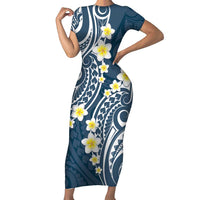 Plumeria With Blue Polynesian Tattoo Pattern Family Matching Short Sleeve Bodycon Dress and Hawaiian Shirt LT05 Mom's Dress Blue - Polynesian Pride
