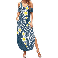 Plumeria With Blue Polynesian Tattoo Pattern Family Matching Summer Maxi Dress and Hawaiian Shirt LT05 Mom's Dress Blue - Polynesian Pride