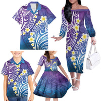 Plumeria With Galaxy Polynesian Tattoo Pattern Family Matching Off The Shoulder Long Sleeve Dress and Hawaiian Shirt LT05 - Polynesian Pride