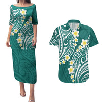 Plumeria With Teal Polynesian Tattoo Pattern Couples Matching Puletasi and Hawaiian Shirt