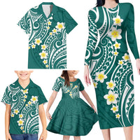 Plumeria With Teal Polynesian Tattoo Pattern Family Matching Long Sleeve Bodycon Dress and Hawaiian Shirt LT05 - Polynesian Pride