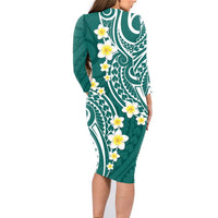 Plumeria With Teal Polynesian Tattoo Pattern Family Matching Long Sleeve Bodycon Dress and Hawaiian Shirt LT05 - Polynesian Pride