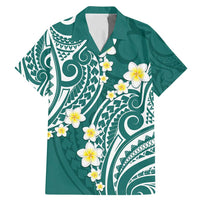 Plumeria With Teal Polynesian Tattoo Pattern Family Matching Mermaid Dress and Hawaiian Shirt LT05 Dad's Shirt - Short Sleeve Teal - Polynesian Pride