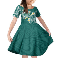 Plumeria With Teal Polynesian Tattoo Pattern Family Matching Off The Shoulder Long Sleeve Dress and Hawaiian Shirt LT05 Daughter's Dress Teal - Polynesian Pride