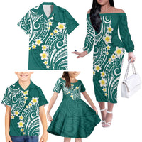 Plumeria With Teal Polynesian Tattoo Pattern Family Matching Off The Shoulder Long Sleeve Dress and Hawaiian Shirt LT05 - Polynesian Pride