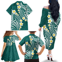 Plumeria With Teal Polynesian Tattoo Pattern Family Matching Off The Shoulder Long Sleeve Dress and Hawaiian Shirt LT05 - Polynesian Pride