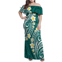 Plumeria With Teal Polynesian Tattoo Pattern Family Matching Off Shoulder Maxi Dress and Hawaiian Shirt LT05 Mom's Dress Teal - Polynesian Pride