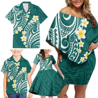 Plumeria With Teal Polynesian Tattoo Pattern Family Matching Off Shoulder Short Dress and Hawaiian Shirt LT05 - Polynesian Pride