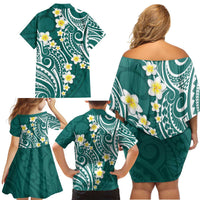 Plumeria With Teal Polynesian Tattoo Pattern Family Matching Off Shoulder Short Dress and Hawaiian Shirt LT05 - Polynesian Pride