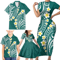 Plumeria With Teal Polynesian Tattoo Pattern Family Matching Short Sleeve Bodycon Dress and Hawaiian Shirt LT05 - Polynesian Pride