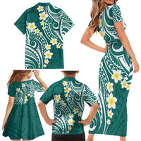 Plumeria With Teal Polynesian Tattoo Pattern Family Matching Short Sleeve Bodycon Dress and Hawaiian Shirt LT05 - Polynesian Pride