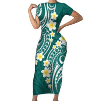 Plumeria With Teal Polynesian Tattoo Pattern Family Matching Short Sleeve Bodycon Dress and Hawaiian Shirt LT05 Mom's Dress Teal - Polynesian Pride