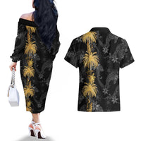 Hawaiian Honu And Surfboards Couples Matching Off The Shoulder Long Sleeve Dress and Hawaiian Shirt Gold Style LT05 - Polynesian Pride