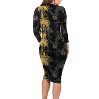 Hawaiian Honu And Surfboards Family Matching Long Sleeve Bodycon Dress and Hawaiian Shirt Gold Style LT05 - Polynesian Pride