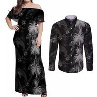 Hawaiian Honu And Surfboards Couples Matching Off Shoulder Maxi Dress and Long Sleeve Button Shirt Silver Style - Polynesian Pride