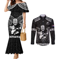 Custom New Zealand Maori Tiki Rugby Couples Matching Mermaid Dress and Long Sleeve Button Shirt Go Aotearoa Maori Pattern LT05 Black - Polynesian Pride