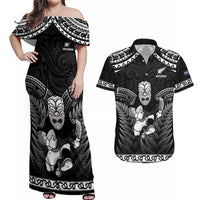Custom New Zealand Maori Tiki Rugby Couples Matching Off Shoulder Maxi Dress and Hawaiian Shirt Go Aotearoa Maori Pattern LT05 Black - Polynesian Pride