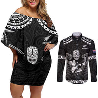 Custom New Zealand Maori Tiki Rugby Couples Matching Off Shoulder Short Dress and Long Sleeve Button Shirt Go Aotearoa Maori Pattern LT05 Black - Polynesian Pride