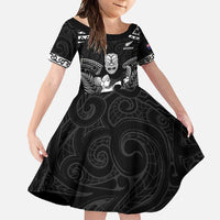 Custom New Zealand Maori Tiki Rugby Family Matching Long Sleeve Bodycon Dress and Hawaiian Shirt Go Aotearoa Maori Pattern LT05 Daughter's Dress Black - Polynesian Pride
