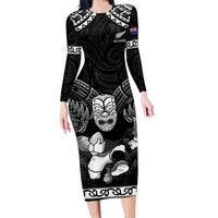 Custom New Zealand Maori Tiki Rugby Family Matching Long Sleeve Bodycon Dress and Hawaiian Shirt Go Aotearoa Maori Pattern LT05 Mom's Dress Black - Polynesian Pride