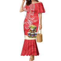 Personalized Puerto Rico Family Matching Mermaid Dress and Hawaiian Shirt Coqui Frog With Polynesian Pattern LT05 Mom's Dress Red - Polynesian Pride