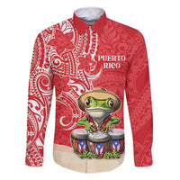 Personalized Puerto Rico Family Matching Off The Shoulder Long Sleeve Dress and Hawaiian Shirt Coqui Frog With Polynesian Pattern LT05 Dad's Shirt - Long Sleeve Red - Polynesian Pride