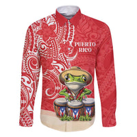 Personalized Puerto Rico Family Matching Off Shoulder Maxi Dress and Hawaiian Shirt Coqui Frog With Polynesian Pattern LT05 Dad's Shirt - Long Sleeve Red - Polynesian Pride
