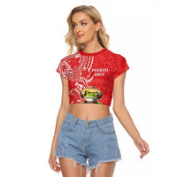 Personalized Puerto Rico Raglan Cropped T Shirt Coqui Frog With Polynesian Pattern - Polynesian Pride
