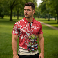 Personalized Puerto Rico Zipper Polo Shirt Coqui Frog With Polynesian Pattern - Polynesian Pride