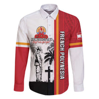 French Polynesia Armistice Day Family Matching Off Shoulder Short Dress and Hawaiian Shirt Lest We Forget Flag Style LT05 Dad's Shirt - Long Sleeve Red - Polynesian Pride