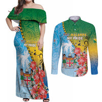 Personalised Malampa Fiji Day Couples Matching Off Shoulder Maxi Dress and Long Sleeve Button Shirt Tribal Pattern With Tropical Flowers LT05 Colorful - Polynesian Pride