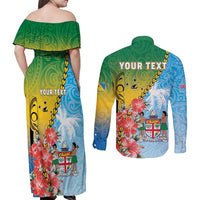 Personalised Malampa Fiji Day Couples Matching Off Shoulder Maxi Dress and Long Sleeve Button Shirt Tribal Pattern With Tropical Flowers LT05 - Polynesian Pride