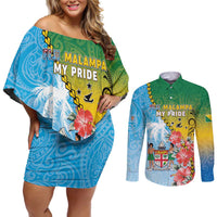 Personalised Malampa Fiji Day Couples Matching Off Shoulder Short Dress and Long Sleeve Button Shirt Tribal Pattern With Tropical Flowers LT05 Colorful - Polynesian Pride