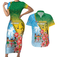 Personalised Malampa Fiji Day Couples Matching Short Sleeve Bodycon Dress and Hawaiian Shirt Tribal Pattern With Tropical Flowers LT05 Colorful - Polynesian Pride