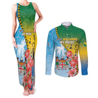 Personalised Malampa Fiji Day Couples Matching Tank Maxi Dress and Long Sleeve Button Shirt Tribal Pattern With Tropical Flowers LT05 Colorful - Polynesian Pride