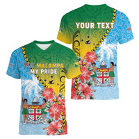 Personalised Malampa Fiji Day Women V-Neck T-Shirt Tribal Pattern With Tropical Flowers LT05 - Polynesian Pride