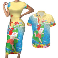 Christmas In Hawaii Couples Matching Short Sleeve Bodycon Dress and Hawaiian Shirt Tis The Sea Sun LT05 Blue - Polynesian Pride