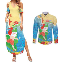 Christmas In Hawaii Couples Matching Summer Maxi Dress and Long Sleeve Button Shirt Tis The Sea Sun LT05 Blue - Polynesian Pride