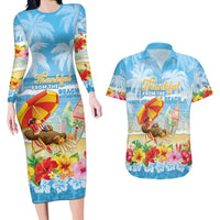 Personalised Hawaii Funny Thanksgiving Couples Matching Long Sleeve Bodycon Dress and Hawaiian Shirt Thankful From The Beach LT05 Blue - Polynesian Pride