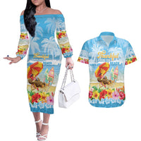 Personalised Hawaii Funny Thanksgiving Couples Matching Off The Shoulder Long Sleeve Dress and Hawaiian Shirt Thankful From The Beach LT05 Blue - Polynesian Pride