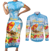 Personalised Hawaii Funny Thanksgiving Couples Matching Short Sleeve Bodycon Dress and Long Sleeve Button Shirt Thankful From The Beach LT05 Blue - Polynesian Pride