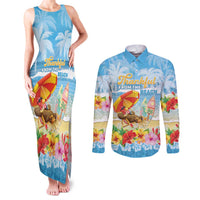 Personalised Hawaii Funny Thanksgiving Couples Matching Tank Maxi Dress and Long Sleeve Button Shirt Thankful From The Beach LT05 Blue - Polynesian Pride