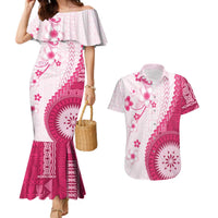 Bula Fiji Couples Matching Mermaid Dress and Hawaiian Shirt Pink Plumeria Masi Tapa Pattern LT05 Pink - Polynesian Pride