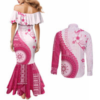 Bula Fiji Couples Matching Mermaid Dress and Long Sleeve Button Shirt Pink Plumeria Masi Tapa Pattern LT05 - Polynesian Pride