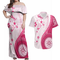 Bula Fiji Couples Matching Off Shoulder Maxi Dress and Hawaiian Shirt Pink Plumeria Masi Tapa Pattern LT05 Pink - Polynesian Pride