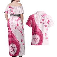 Bula Fiji Couples Matching Off Shoulder Maxi Dress and Hawaiian Shirt Pink Plumeria Masi Tapa Pattern LT05 - Polynesian Pride
