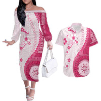 Bula Fiji Couples Matching Off The Shoulder Long Sleeve Dress and Hawaiian Shirt Pink Plumeria Masi Tapa Pattern LT05 Pink - Polynesian Pride