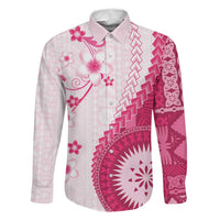 Bula Fiji Family Matching Long Sleeve Bodycon Dress and Hawaiian Shirt Pink Plumeria Masi Tapa Pattern LT05 Dad's Shirt - Long Sleeve Pink - Polynesian Pride