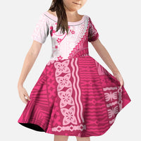 Bula Fiji Family Matching Off The Shoulder Long Sleeve Dress and Hawaiian Shirt Pink Plumeria Masi Tapa Pattern LT05 Daughter's Dress Pink - Polynesian Pride